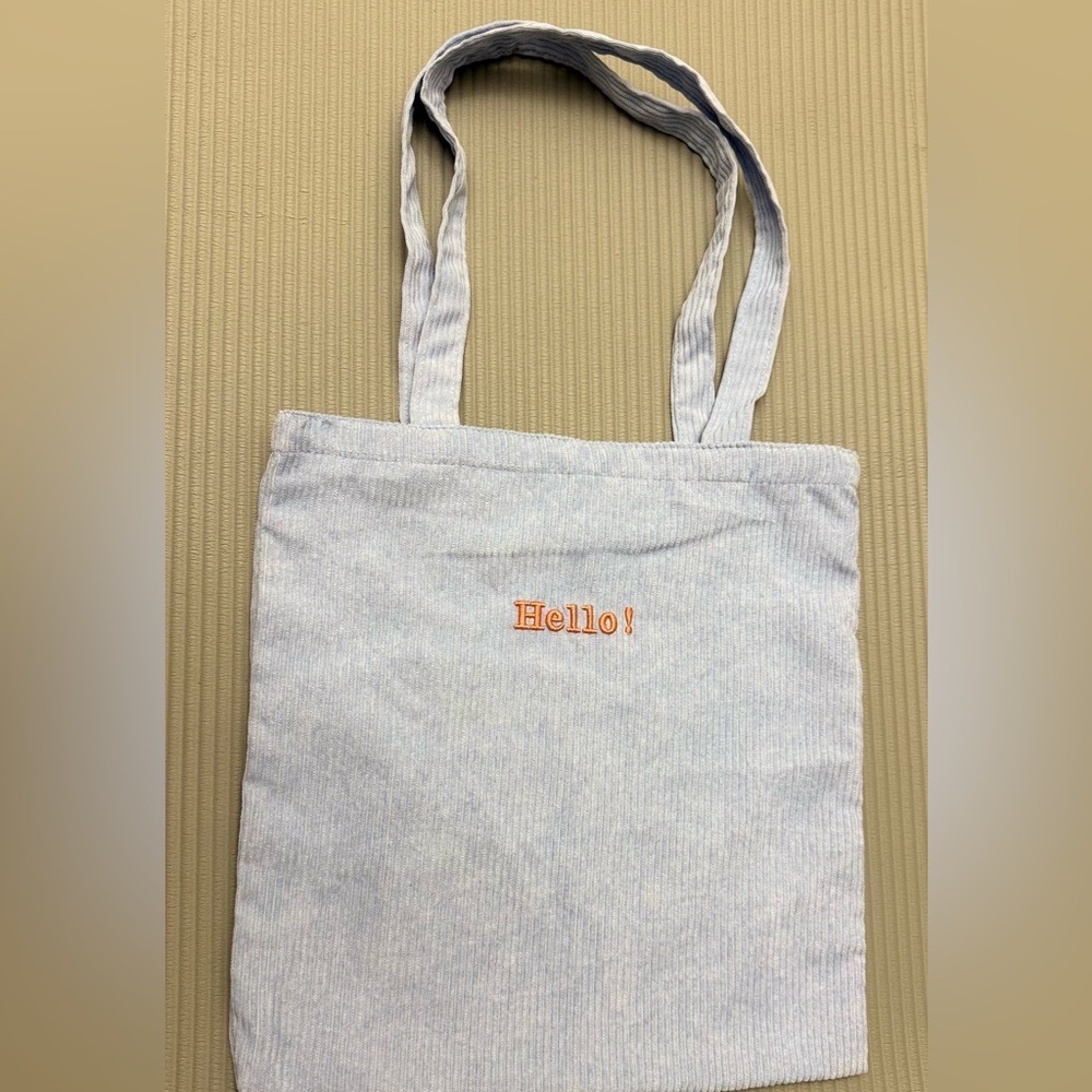 Light Blue Tote Bag with 'Hello!' Embroidery